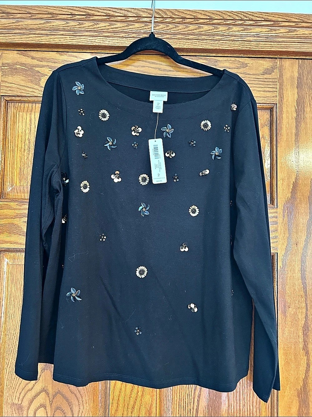 Chico's Festive Shine Bateau Nk Ls Slv Tee Neck Long Sleeve Tee Black Size 2
